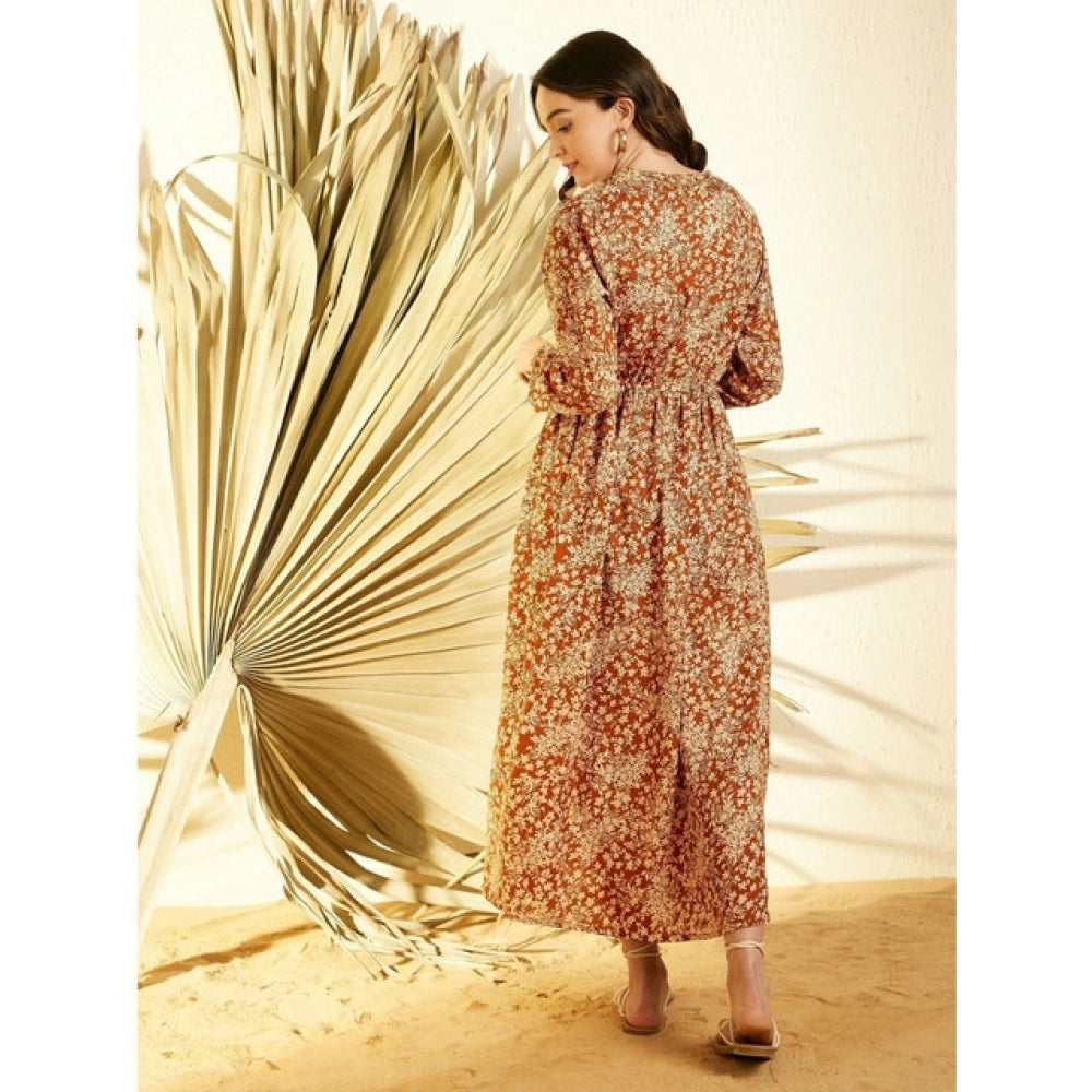Women's Polyester Floral Long Sleeves Shrug (Brown)