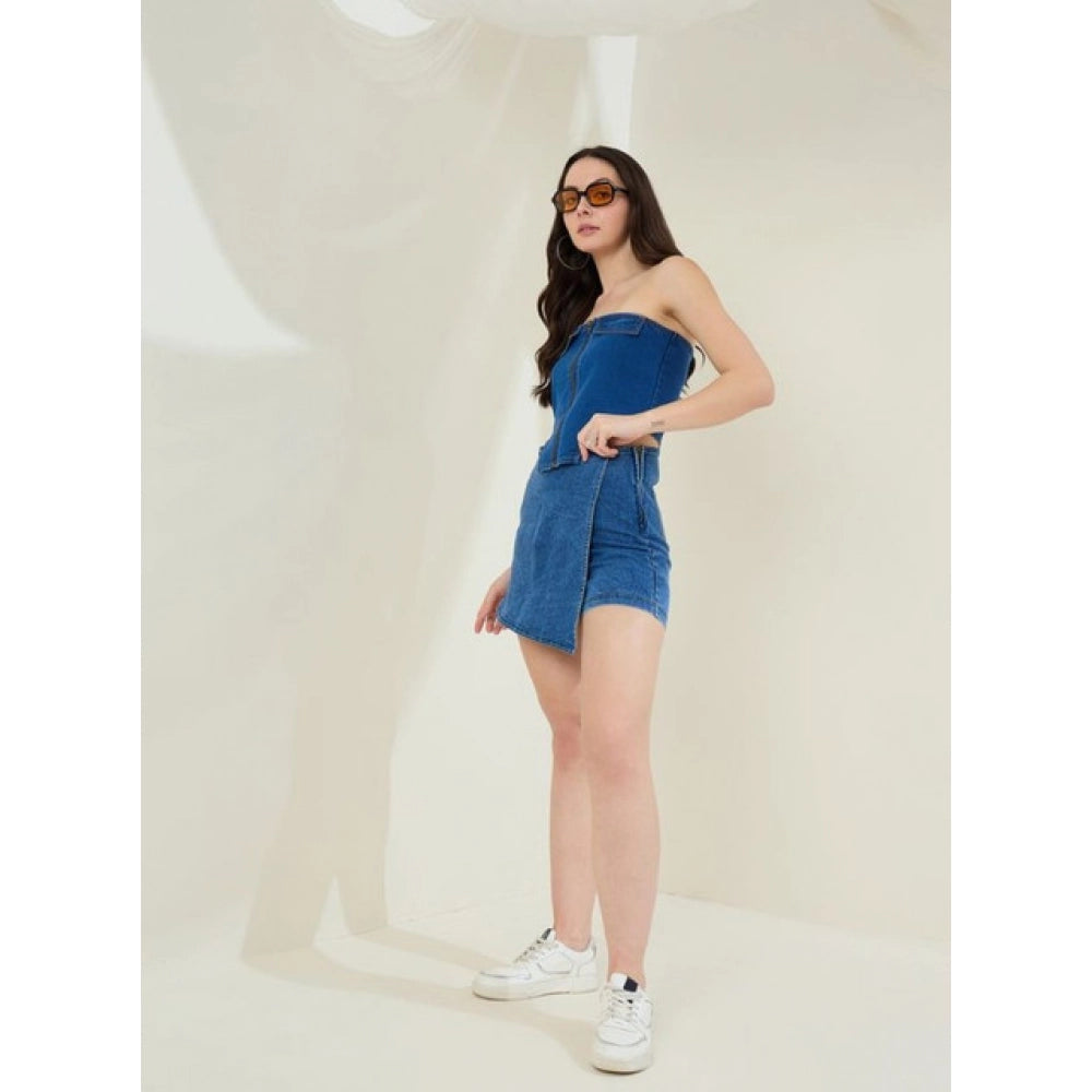 Women's Denim Lycra Solid Zip Closure Skorts (Blue)
