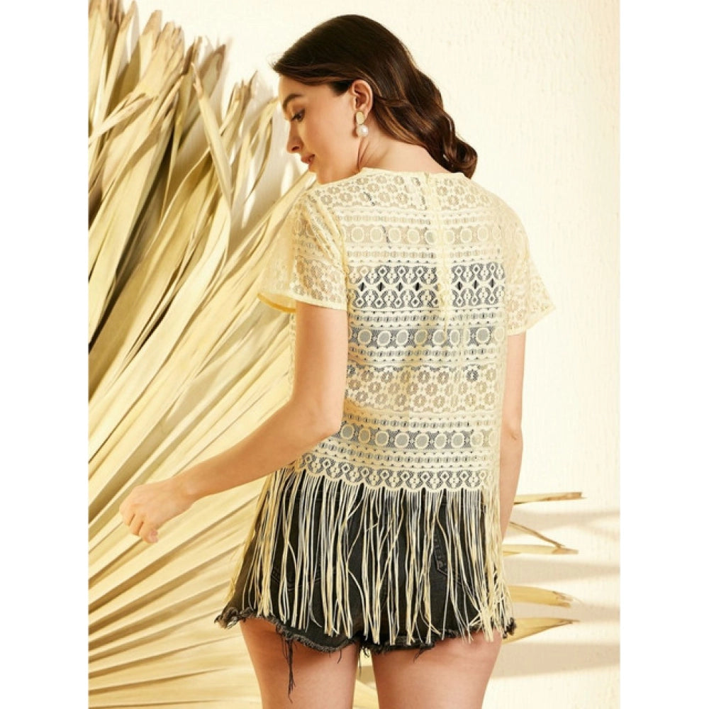Women's Polyester Lace Self Design Short Sleeve Top (Yellow)