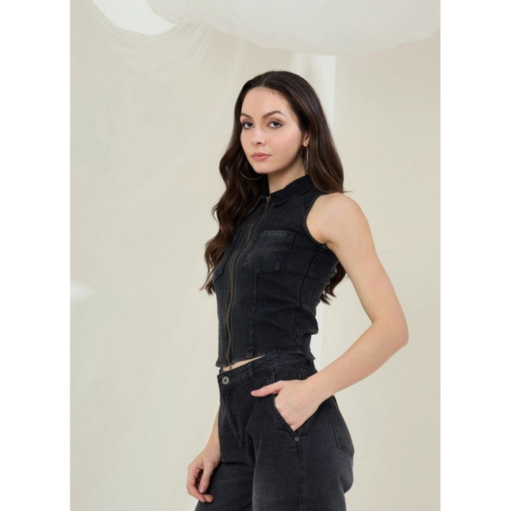 Women's Denim Lycra Solid Sleeveless Top (Black)