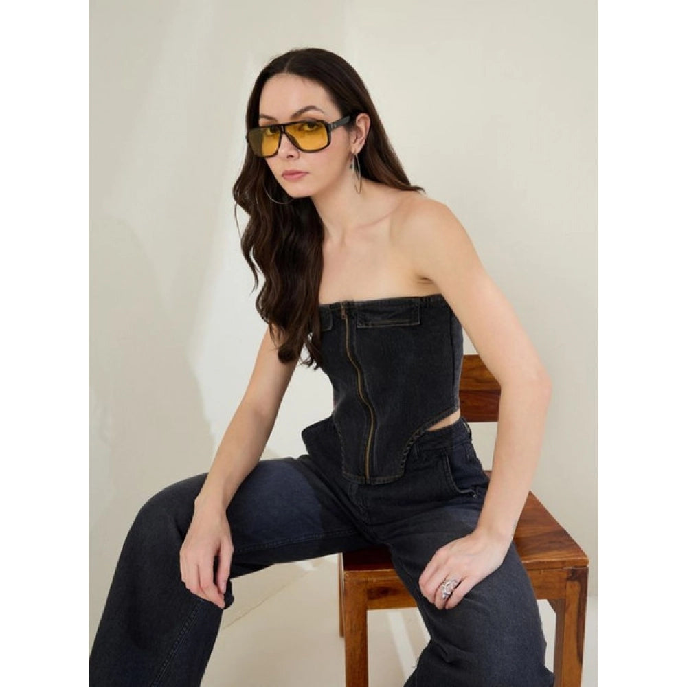Women's Denim Lycra Solid Sleeveless Top (Black)