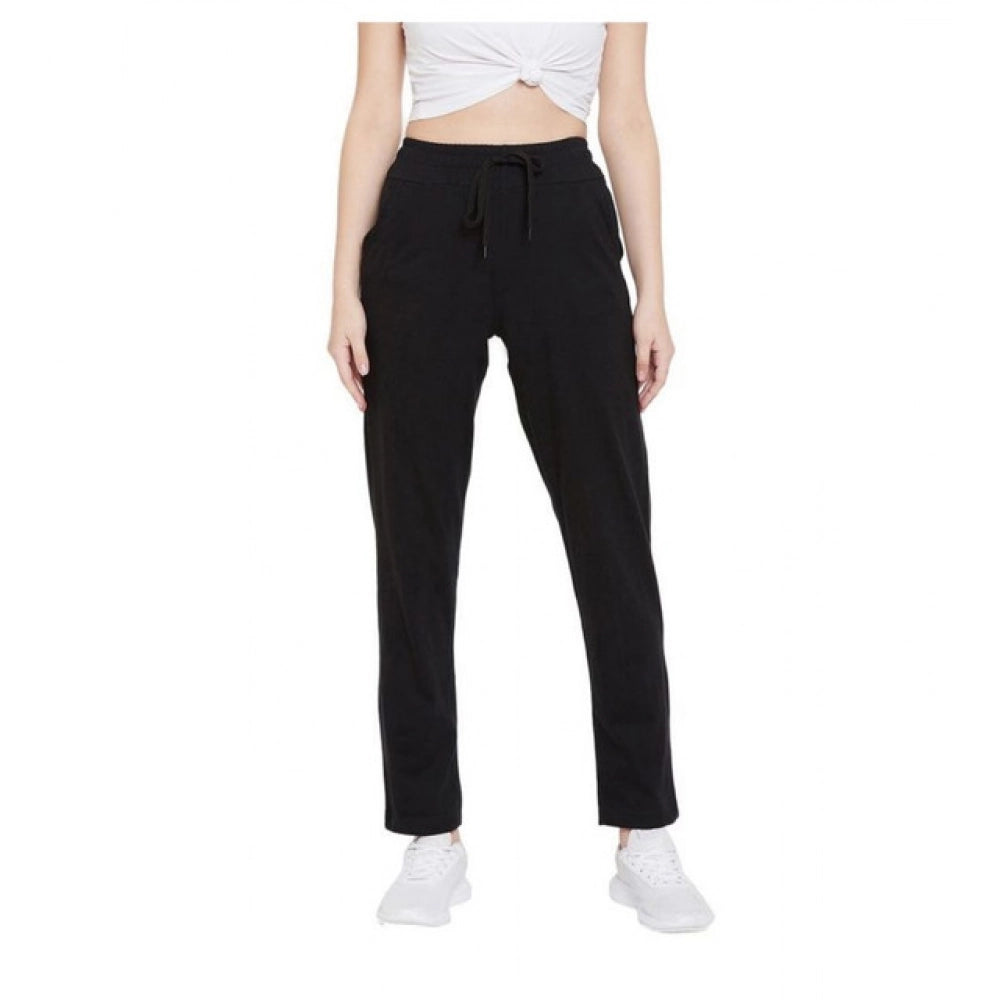 Women's Cotton Solid Elasticated Track Pants (Black)