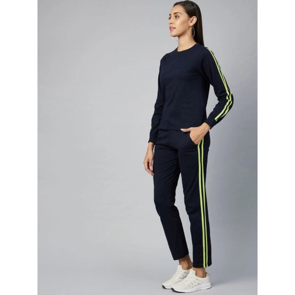 Women's Cotton Solid Long Sleeves Tracksuit (Navy - Green)