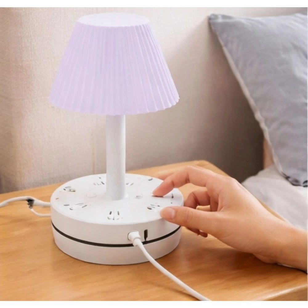 Plastic-LED Ribbed Shade Table Lamp with USB Charging Base (White)