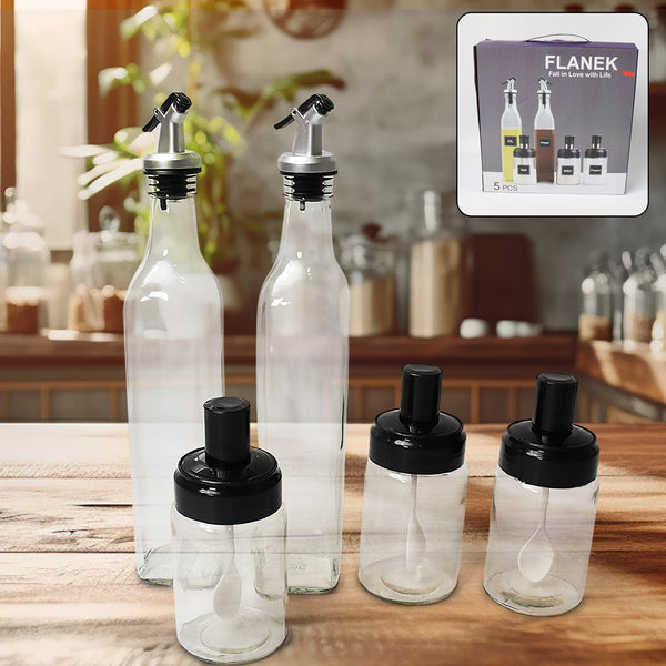 Transparent Glassoil Dispenser 500 Ml Bottle Set Of 2 Spice Jar 250 Ml Set Of 3 Oil Bottle For Kitchen Oil  Vinegar Storage Glass Bottle Glass Container For Spice Masala (5 Pcs Set) - 10011
