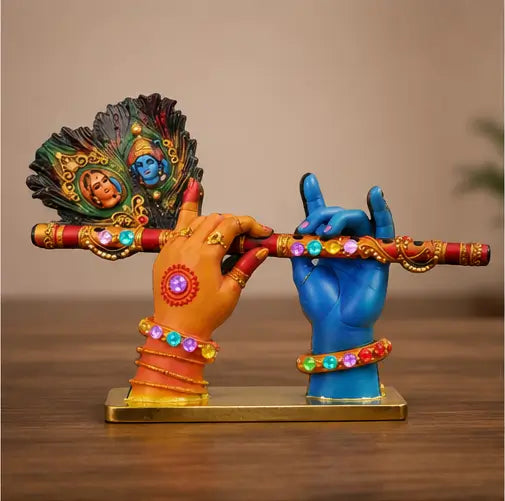 4 Inch Radha Krishna Flute Wooden Decor for Home Mandir & Janmashtami Decoration, 1 Pc