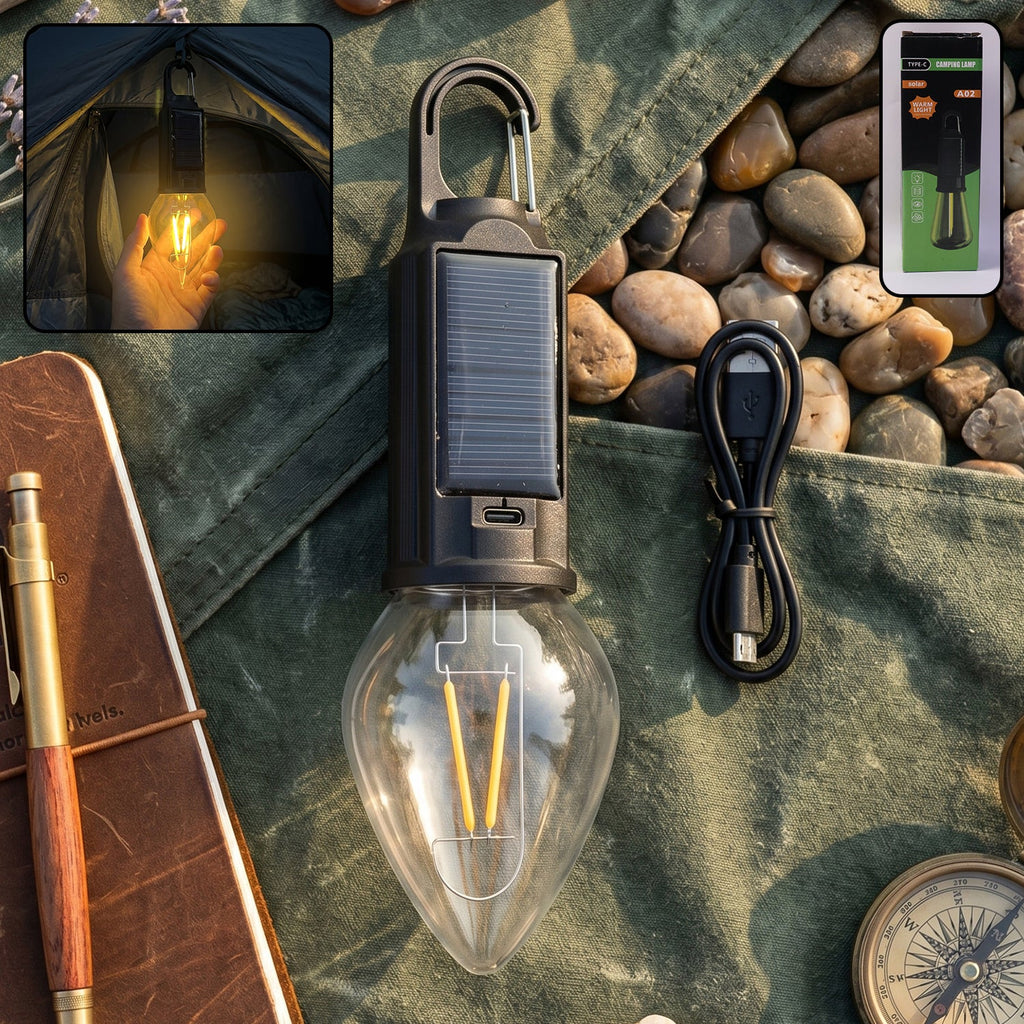 Solar Rechargeable Camping Lamp With Carabiner Clip Warm Led Bulb Light (1 Pc)
