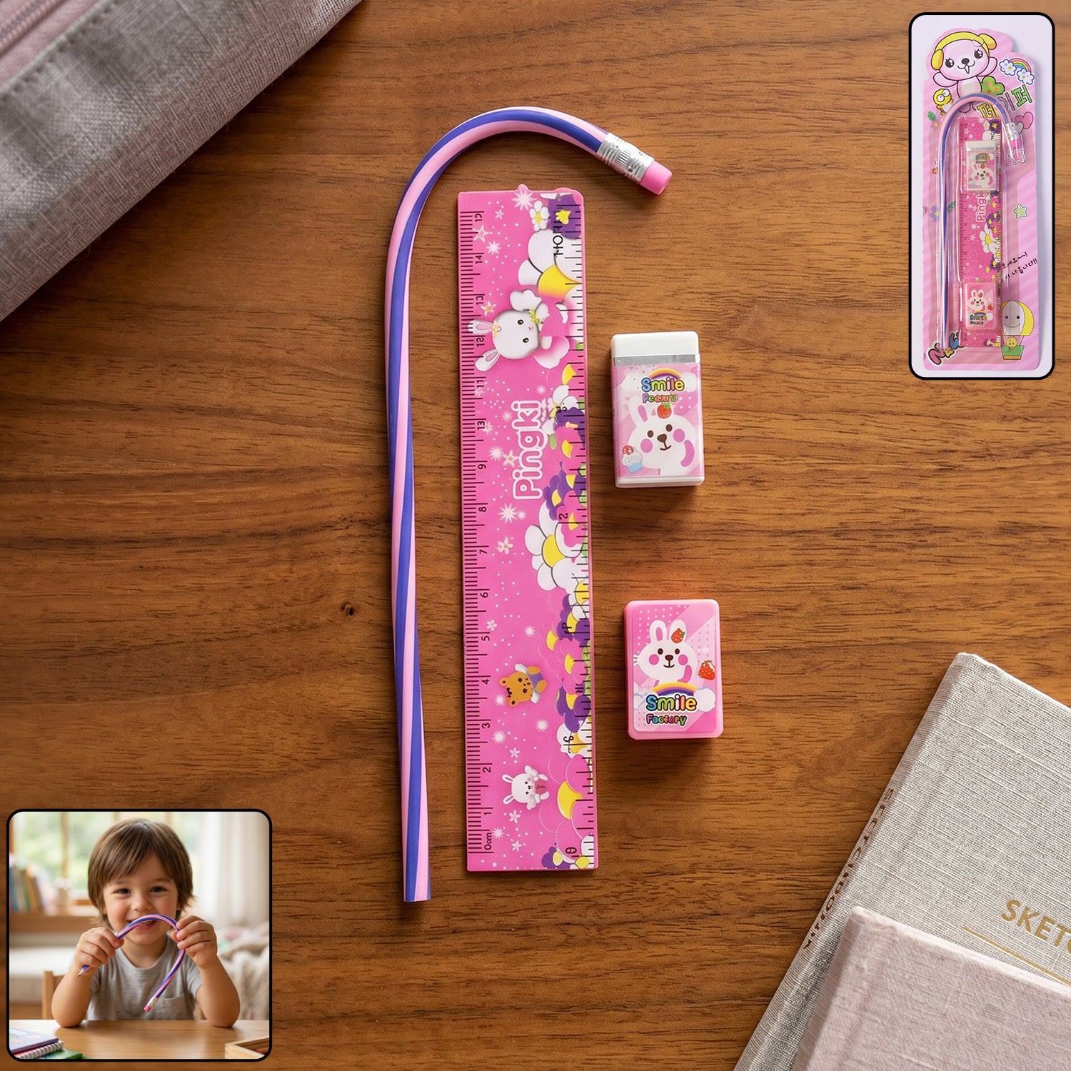 4-in-1 Cute Pink Stationery Set With Ruler Pencil Eraser  Sharpener