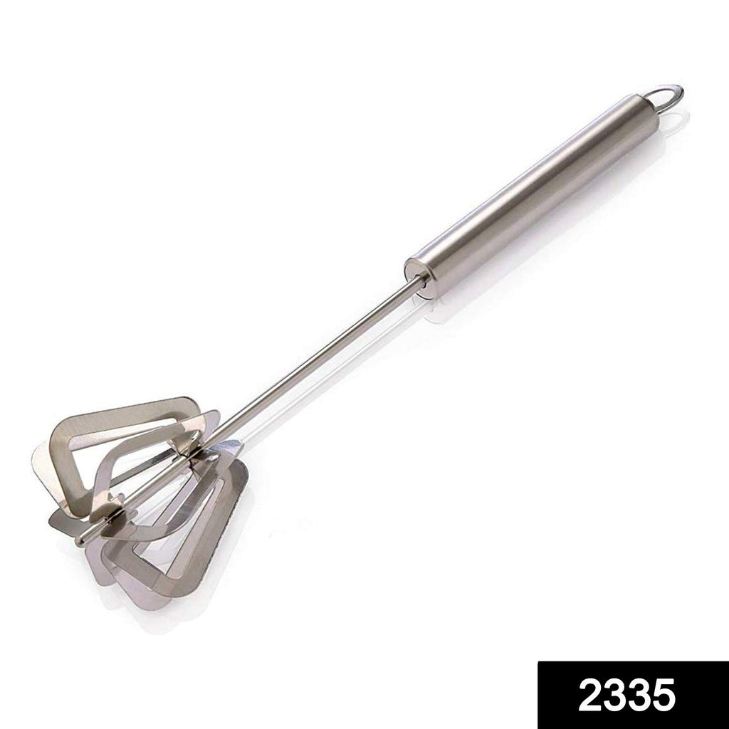 A silver stainless steel hand whisk with a loop at the end of the handle, against a white background.