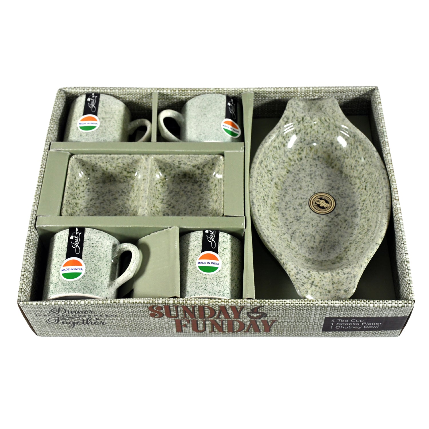 8240 Sunday Funday Ceramic Tea  Cups  Mug With Plastic Snacks Platter And 2 Compartment Chutney Bowl Milk Cup Coffee Cup Breakfast Cup Drinking Mug Or Outdoor For Household Gift For Birthday Wedding Party (6 Pcs Set)