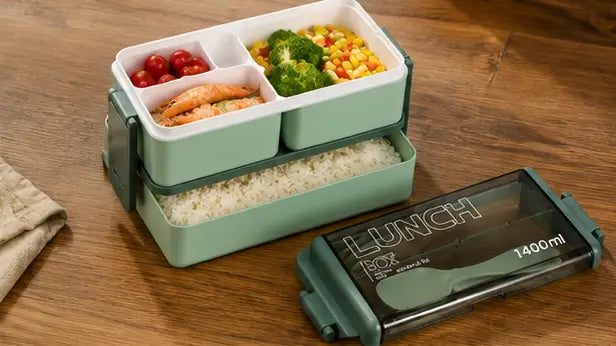 3-in-1 Plastic Lunch Box – Double Decker Airtight Tiffin with 3 Detachable Containers & 2 Spoon