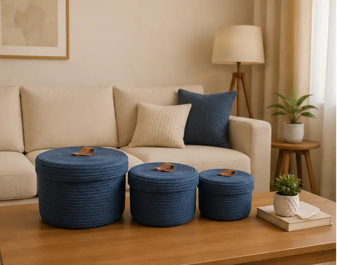 Sara Enterprises Cotton Rope Storage Baskets with Lids (Set of 3) | Round Woven Jute Organizer Baskets for Home & Kitchen