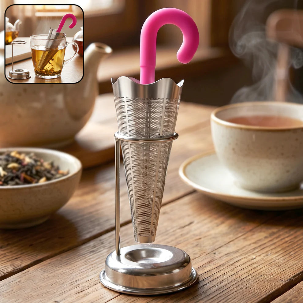 Reusable Cute Umbrella Tea Strainer With Tray  Stand (1 Pc)
