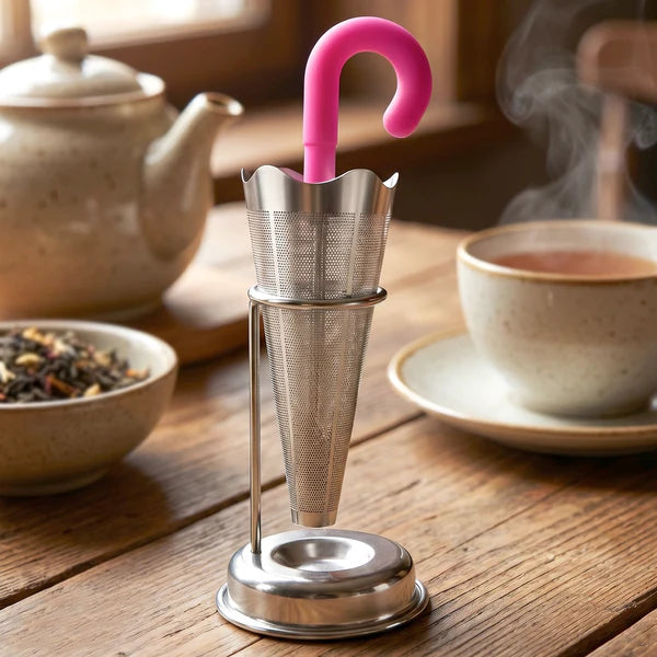 Reusable Cute Umbrella Tea Strainer With Tray  Stand (1 Pc)