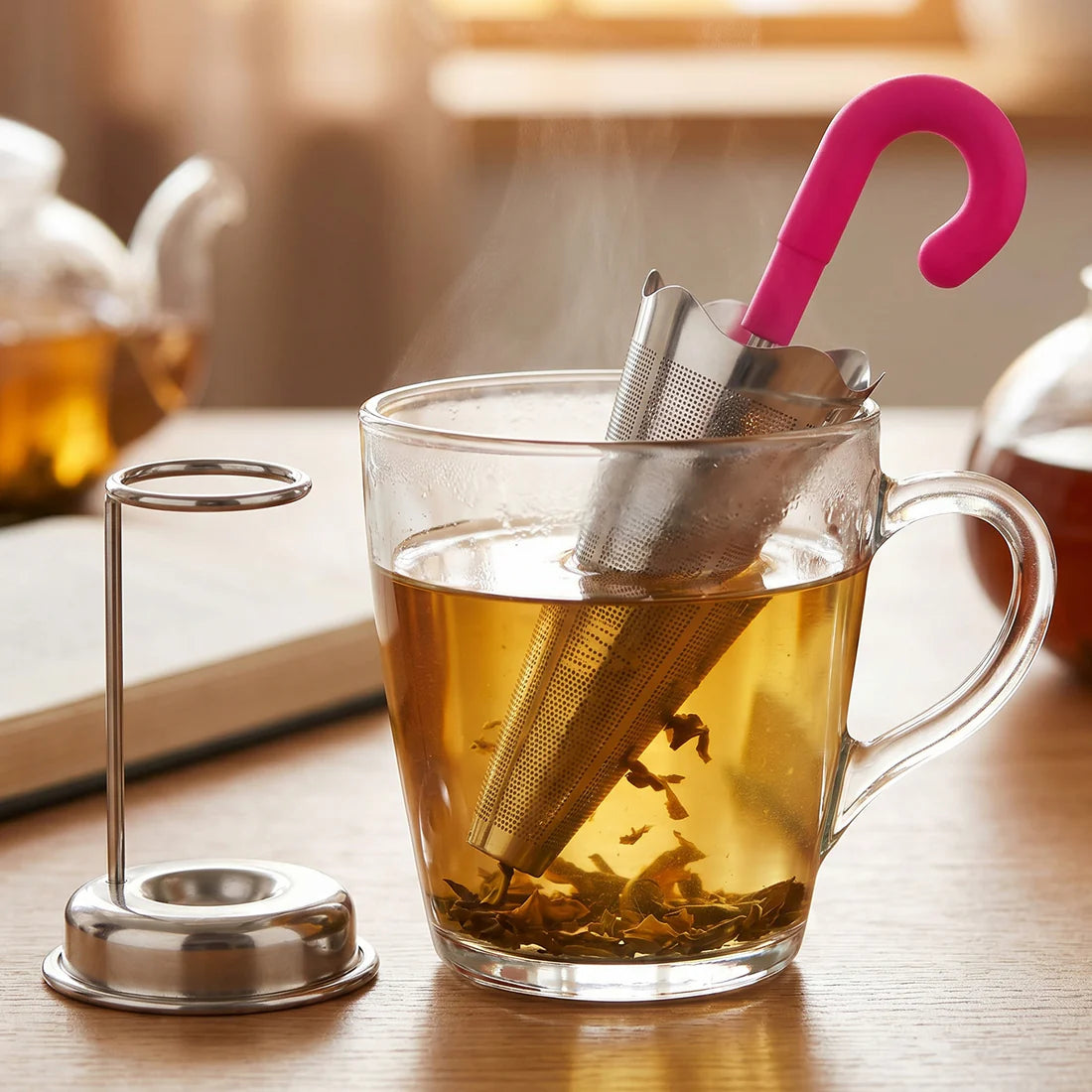 Reusable Cute Umbrella Tea Strainer With Tray  Stand (1 Pc)