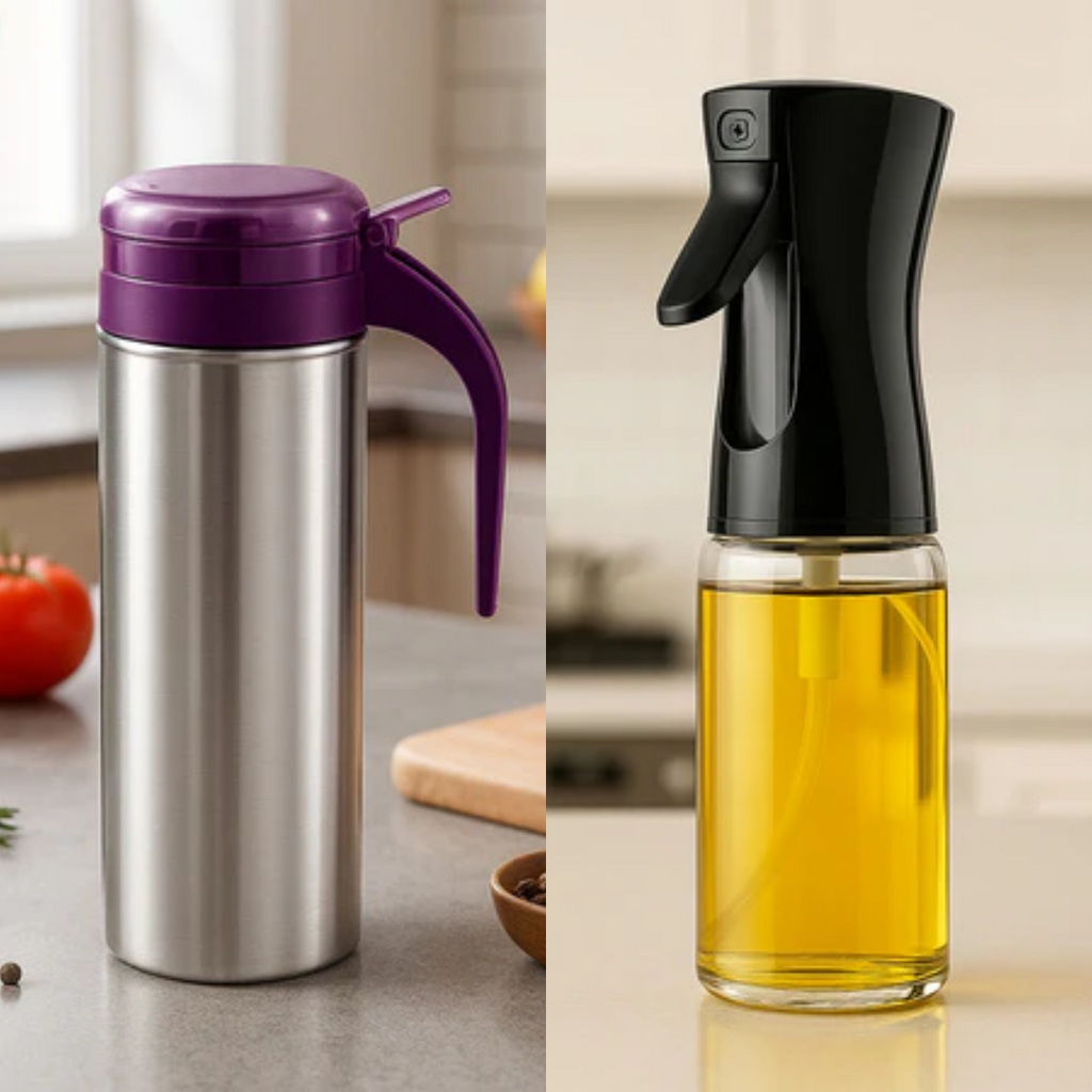 Stainless Steel Oil Pourer (750ml-1 Pc) With Glass Premium Oil Spray Bottle - (300ml-1 Pc)