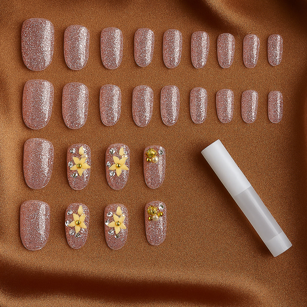 Premium Glitter 3d Floral Press-on Artificial Nail Tips With Nail Glue (1 Set)