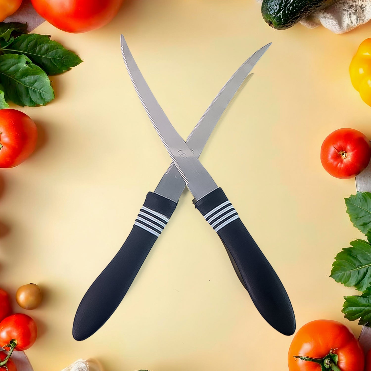 Premium Curved Serrated Stainless Steel Kitchen Knife Set (Mix Color  2 Pc)