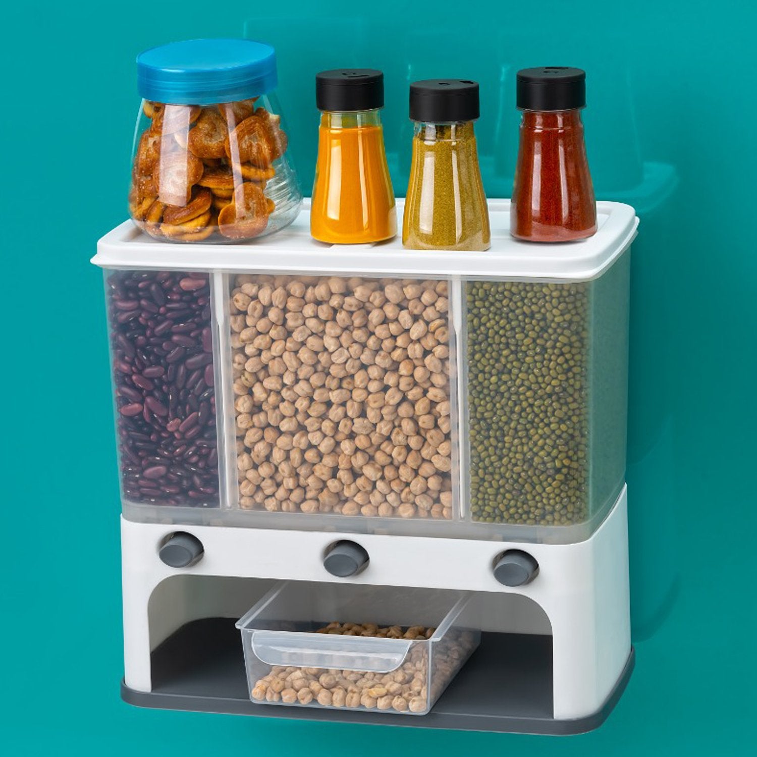 2550 Easy Flow Cereal Dispenser For Kitchen 3 In 1 Push Button Wall Mount Container