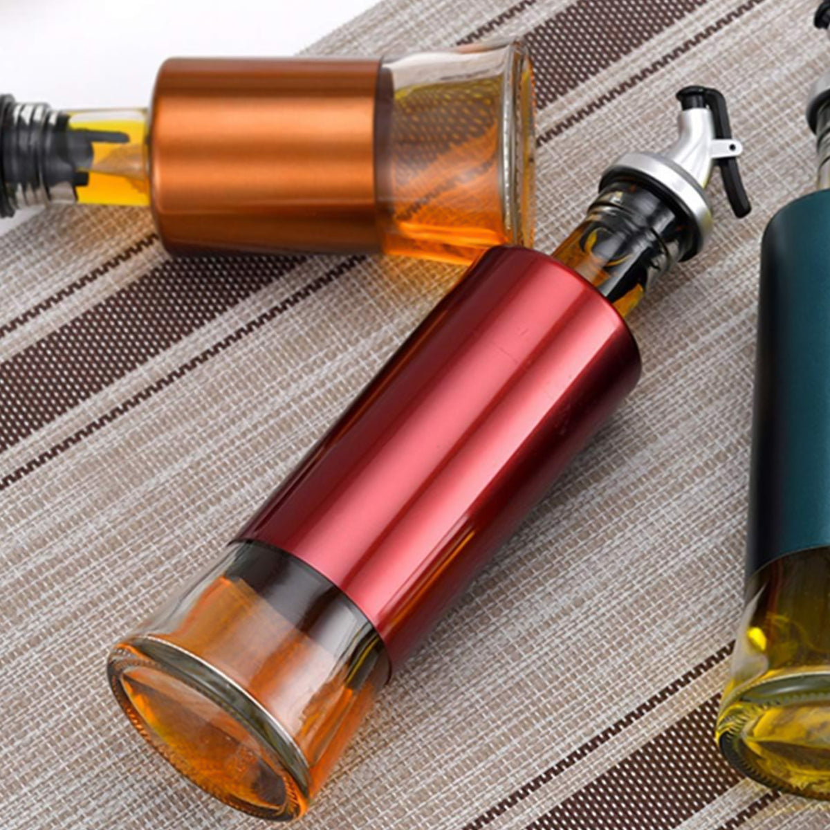 Glass Oil Dispenser With Plastic Covering Oil And Vinegar Bottle (300 Ml)