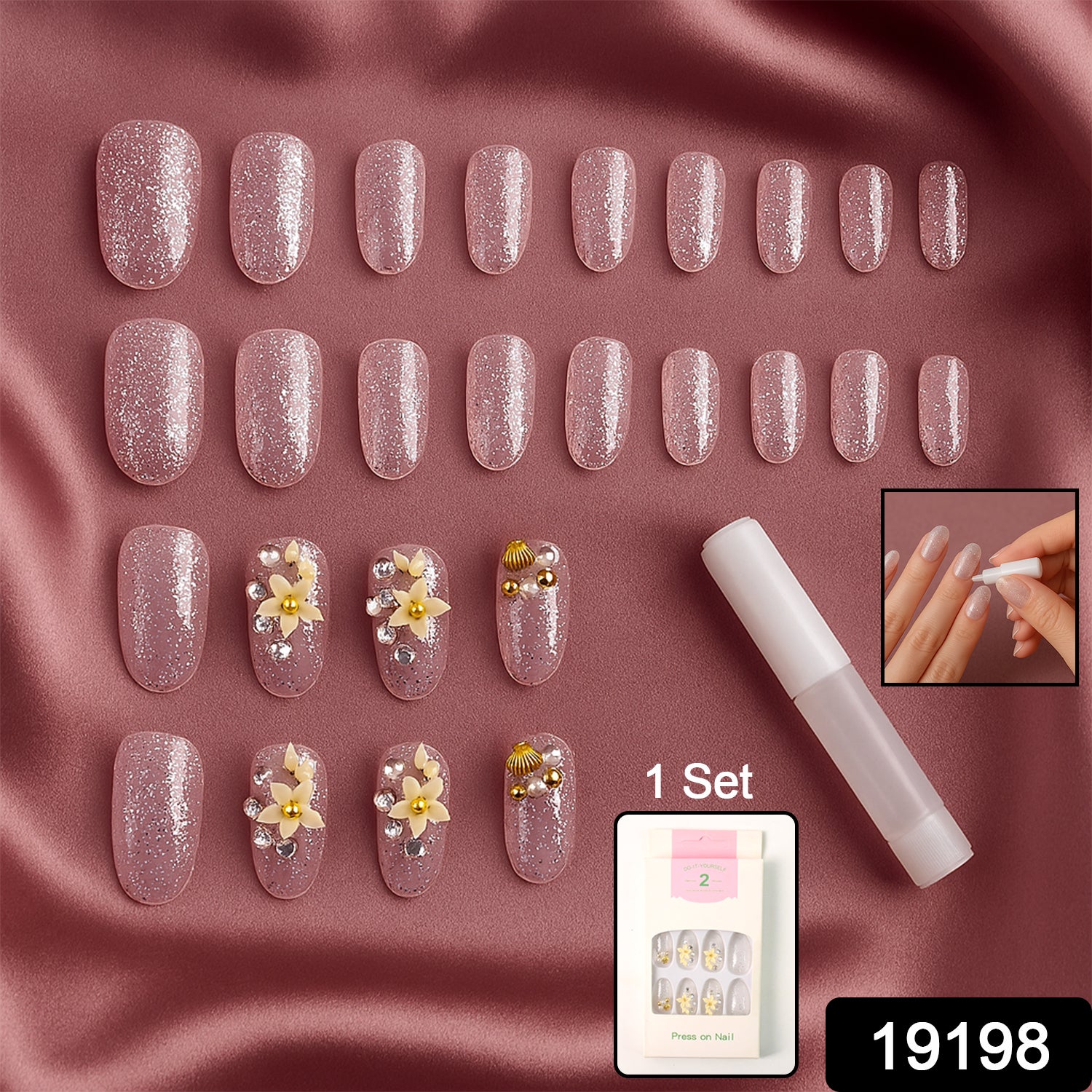 Premium Glitter 3d Floral Press-on Artificial Nail Tips With Nail Glue (1 Set)