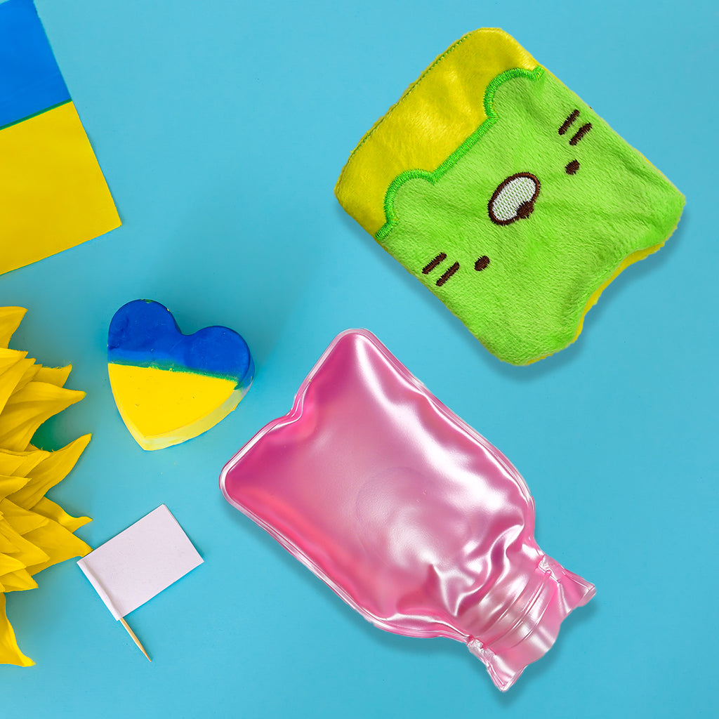 6514 Green Kitty Small Hot Water Bag With Cover For Pain Relief Neck Shoulder Pain And Hand Feet Warmer Menstrual Cramps.