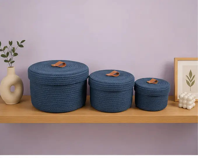 Sara Enterprises Cotton Rope Storage Baskets with Lids (Set of 3) | Round Woven Jute Organizer Baskets for Home & Kitchen