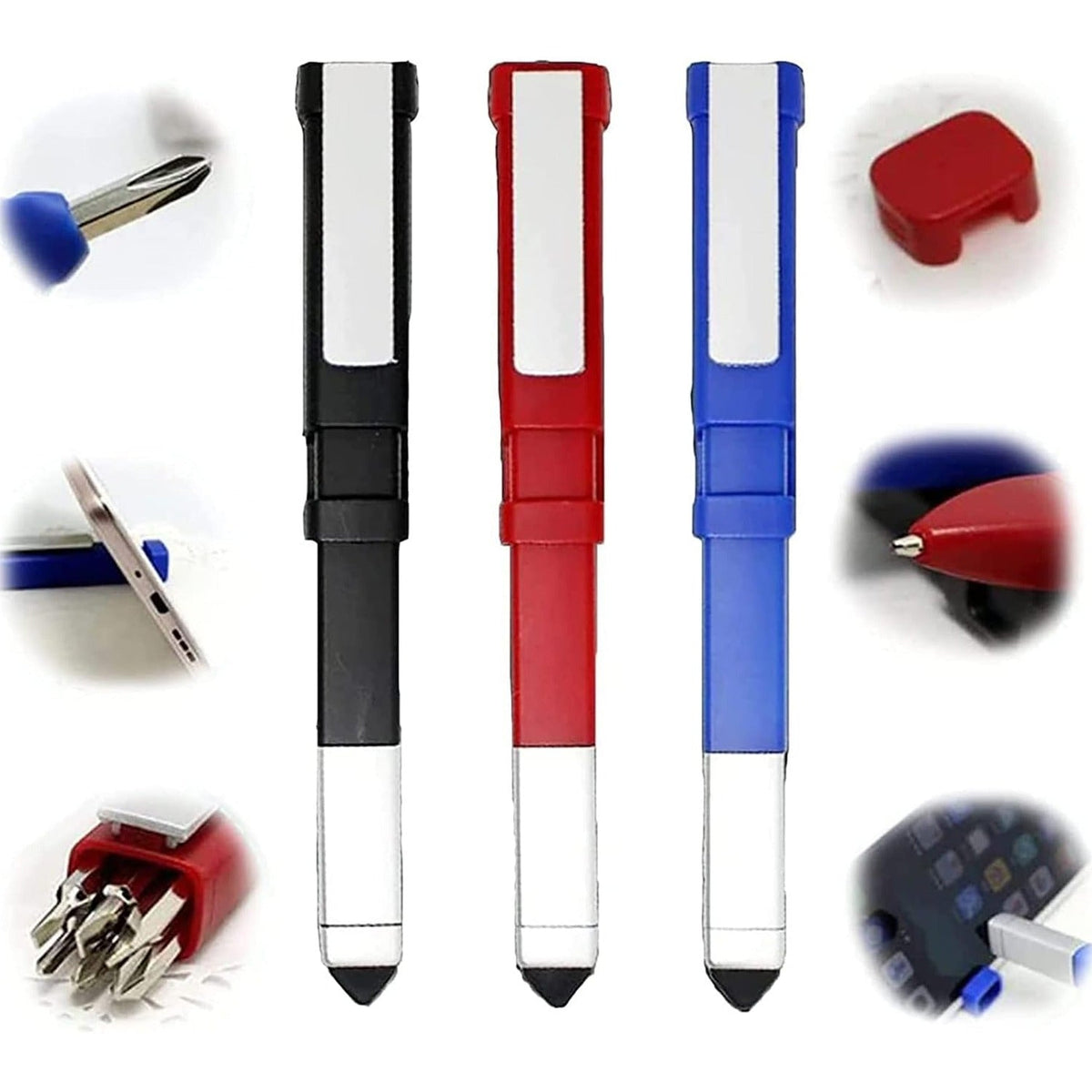 Three multi-functional pens in black, red, and blue are displayed vertically, surrounded by six insets highlighting their