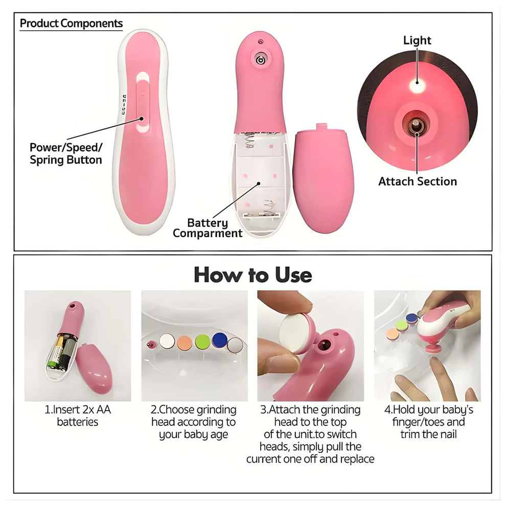 Electric Baby Nail Trimmer With Grinding Heads For Newborn Infant And Toddler - 1223