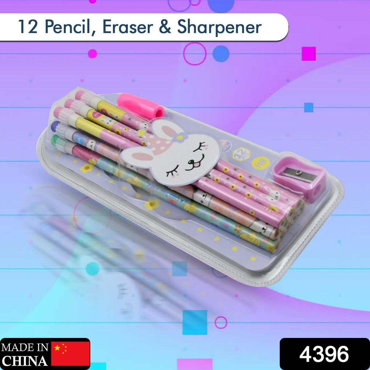 A clear plastic case with a bunny face holds twelve pastel pencils, a pink eraser, and a pink sharpener, against a colorful