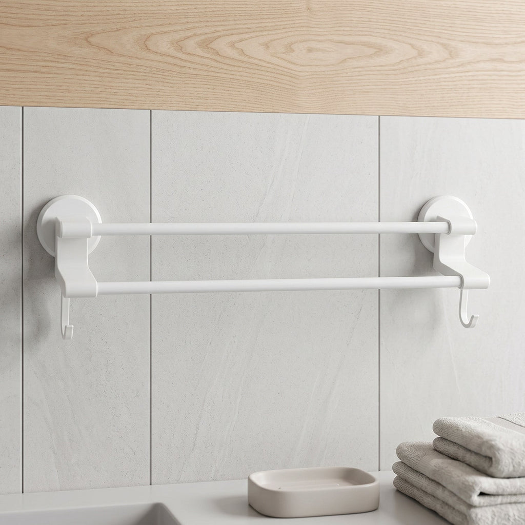 Wall Mounted Double Bar Towel Holder Rack With Side Hooks (1 Pc)