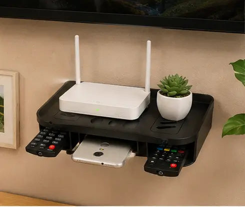 Wall Mount WiFi Router & Set Top Box Stand with Dual Remote Holder – Plastic Wall Shelf for DTH, Modem, TV Setup Box & Home Organization