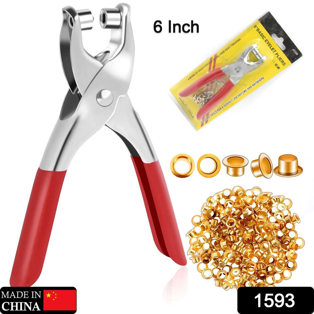 Red-handled grommet pliers with a blister pack, a small pile of gold eyelets, and text indicating "6 Inch" and "1593".