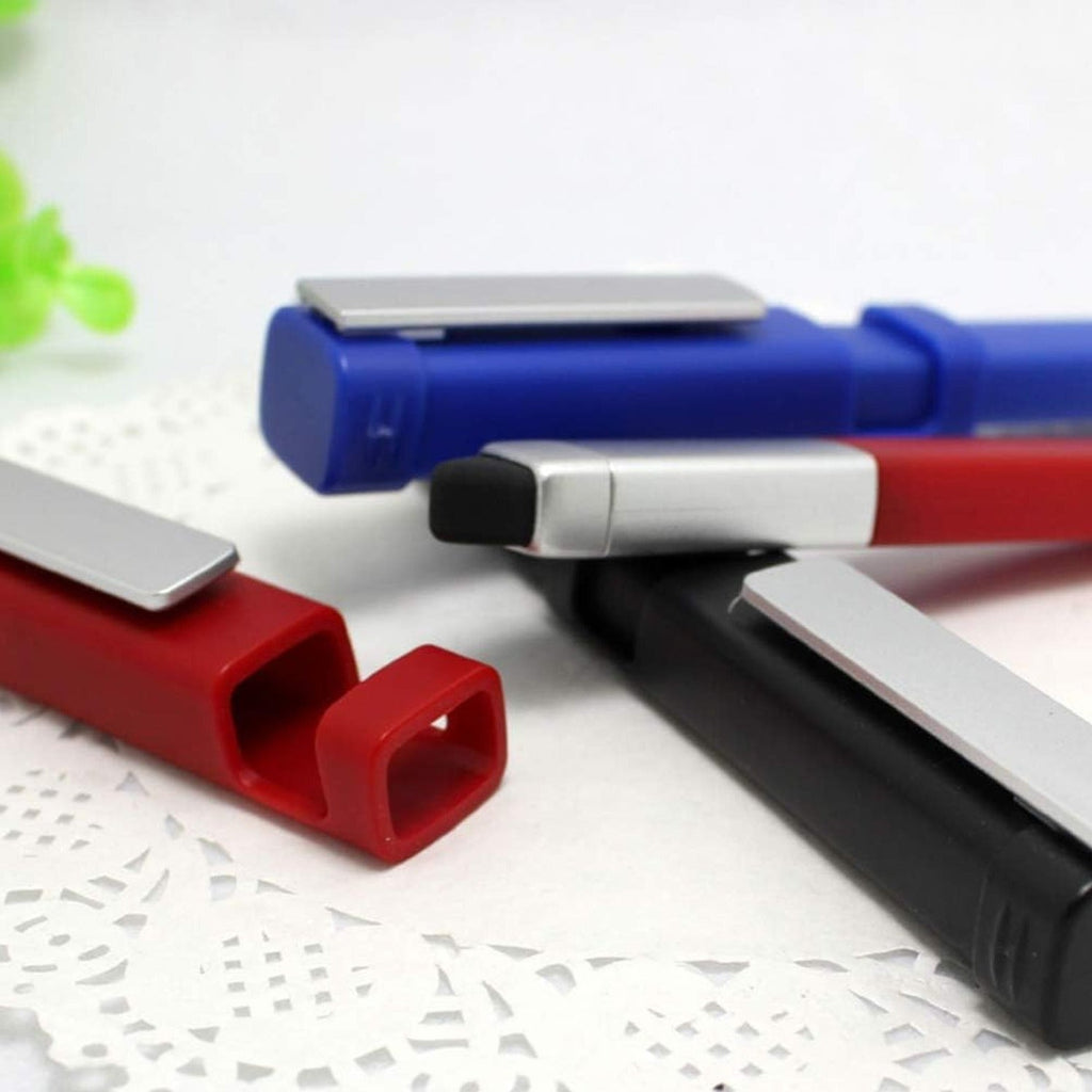 A close-up view of red, blue, and black multi-function pens, showing their silver clips and phone holder features on a white