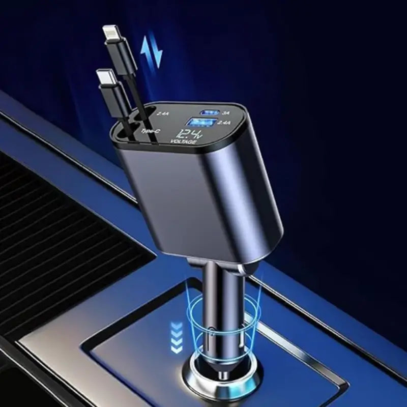 4-in-1 Car Charger – 120W Super Fast Charger with Dual Retractable Cables & USB Ports