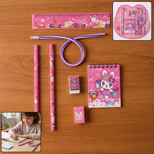 7-in-1 Cute Pink Stationery Set With Ruler Pencil Eraser Notebook Sharpener