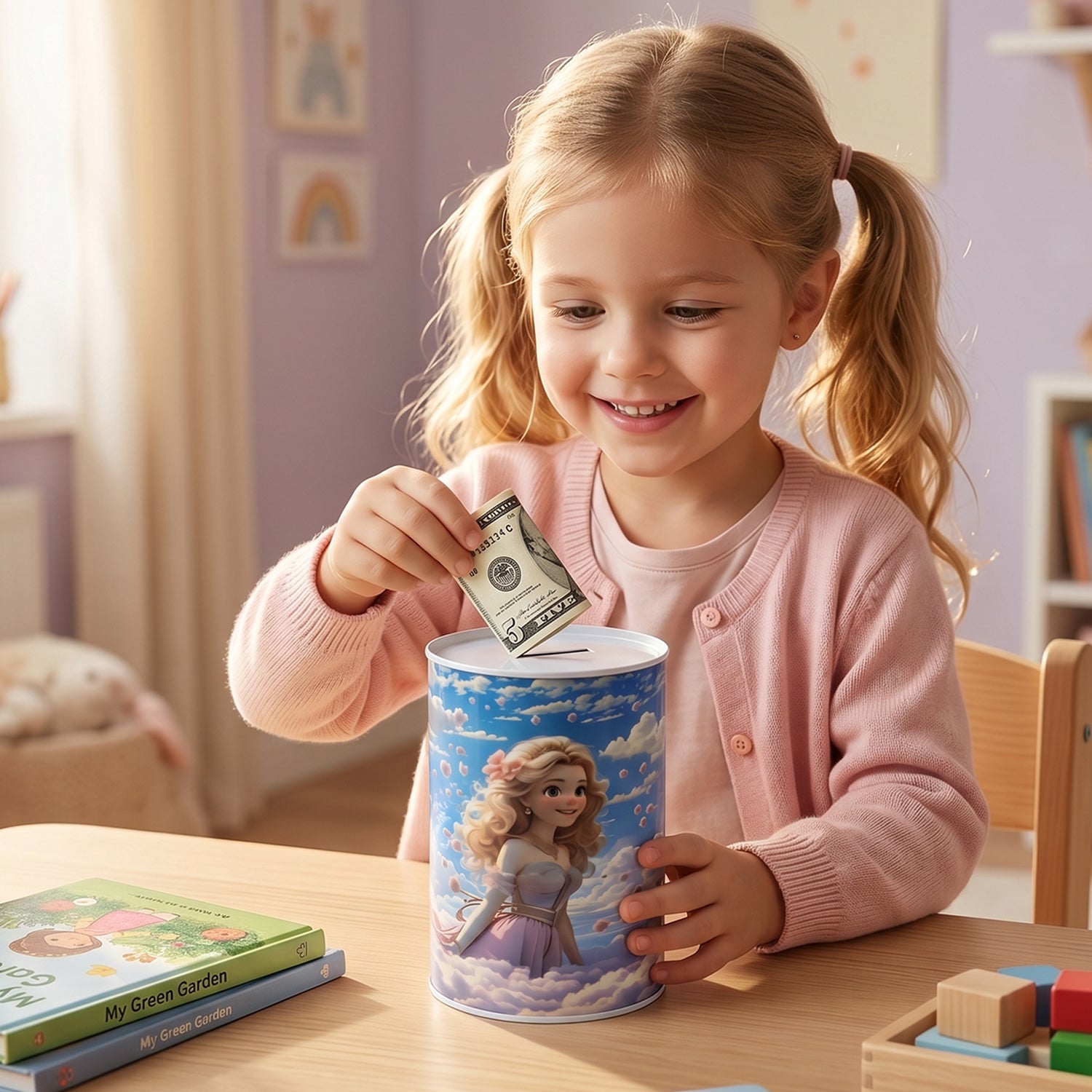 Cartoon Printed Metal Coin Saving Box  1 Pc Cute Princess Design Money Bank For Kids