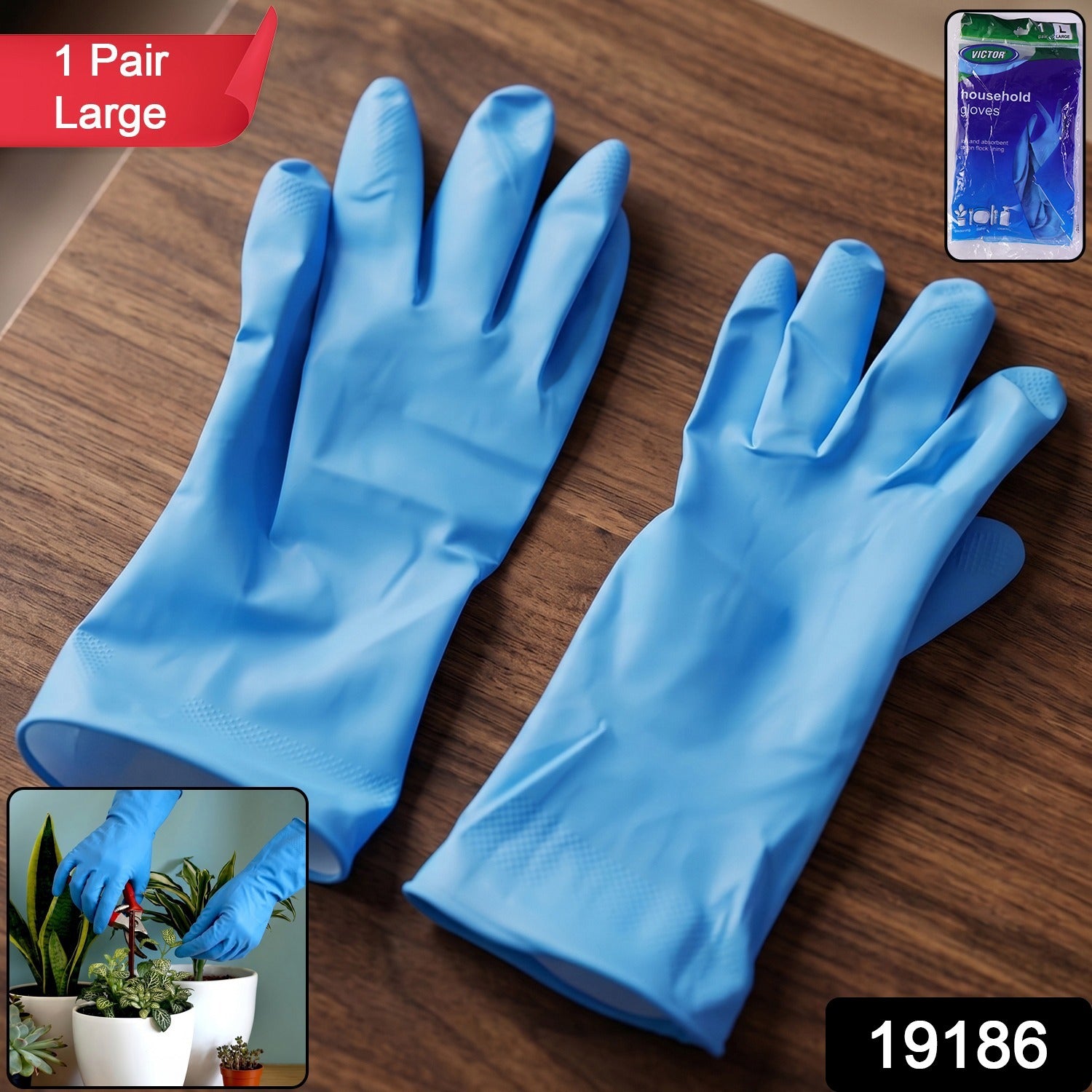 Large Victor Blue Cleaning Rubber Gloves Reusable Kitchen Dishwashing (1 Pair)