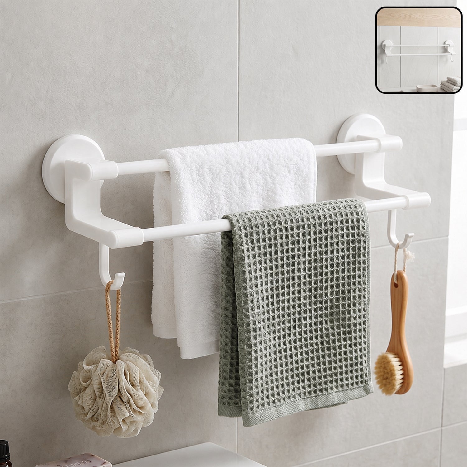 Wall Mounted Double Bar Towel Holder Rack With Side Hooks (1 Pc)
