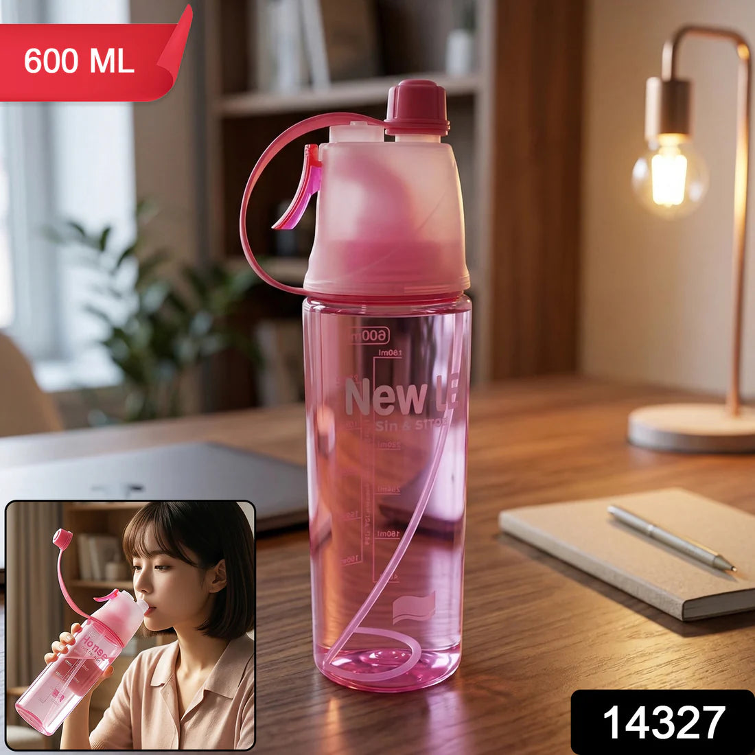 Plastic Dual Function Sports Water Bottle With Built-in Mist Spray And Leakproof Cap (600ml  1 Pc)