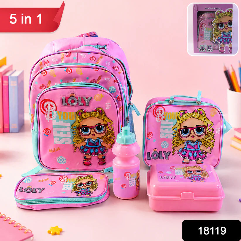 5 In 1 School Bag Includes Lunch Bag 14 Inch School Bags Water Bottle  Pencil Case In Box Packing (1 Set  Mix Color))