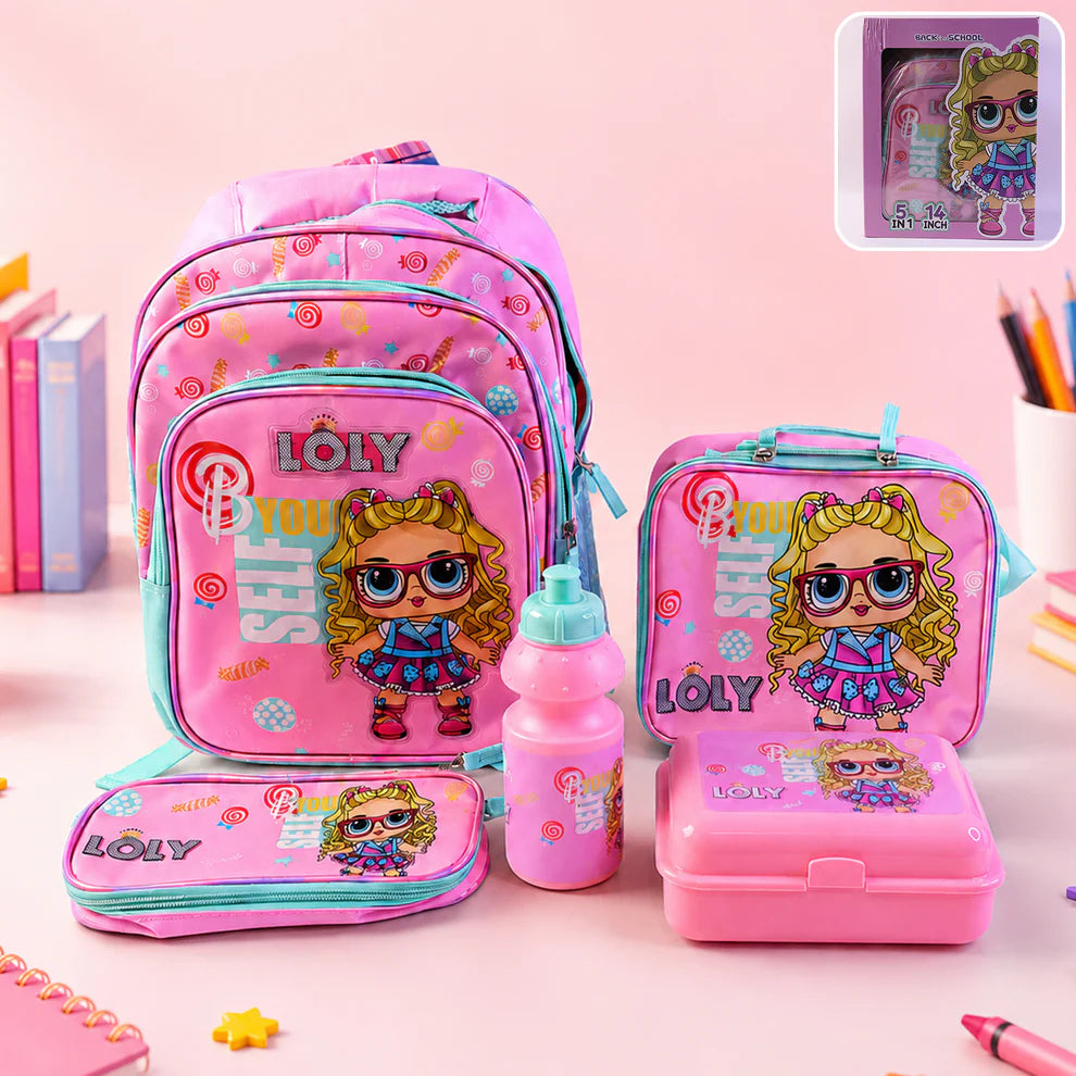 5 In 1 School Bag Includes Lunch Bag 14 Inch School Bags Water Bottle  Pencil Case In Box Packing (1 Set  Mix Color))