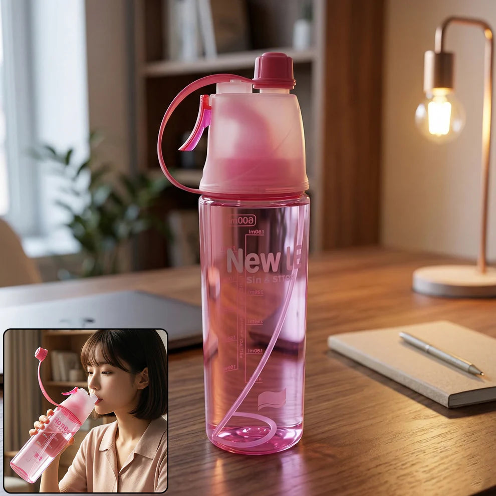 Plastic Dual Function Sports Water Bottle With Built-in Mist Spray And Leakproof Cap (600ml  1 Pc)