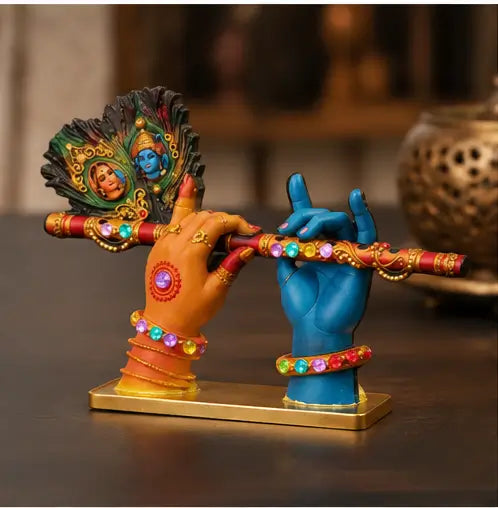 4 Inch Radha Krishna Flute Wooden Decor for Home Mandir & Janmashtami Decoration, 1 Pc