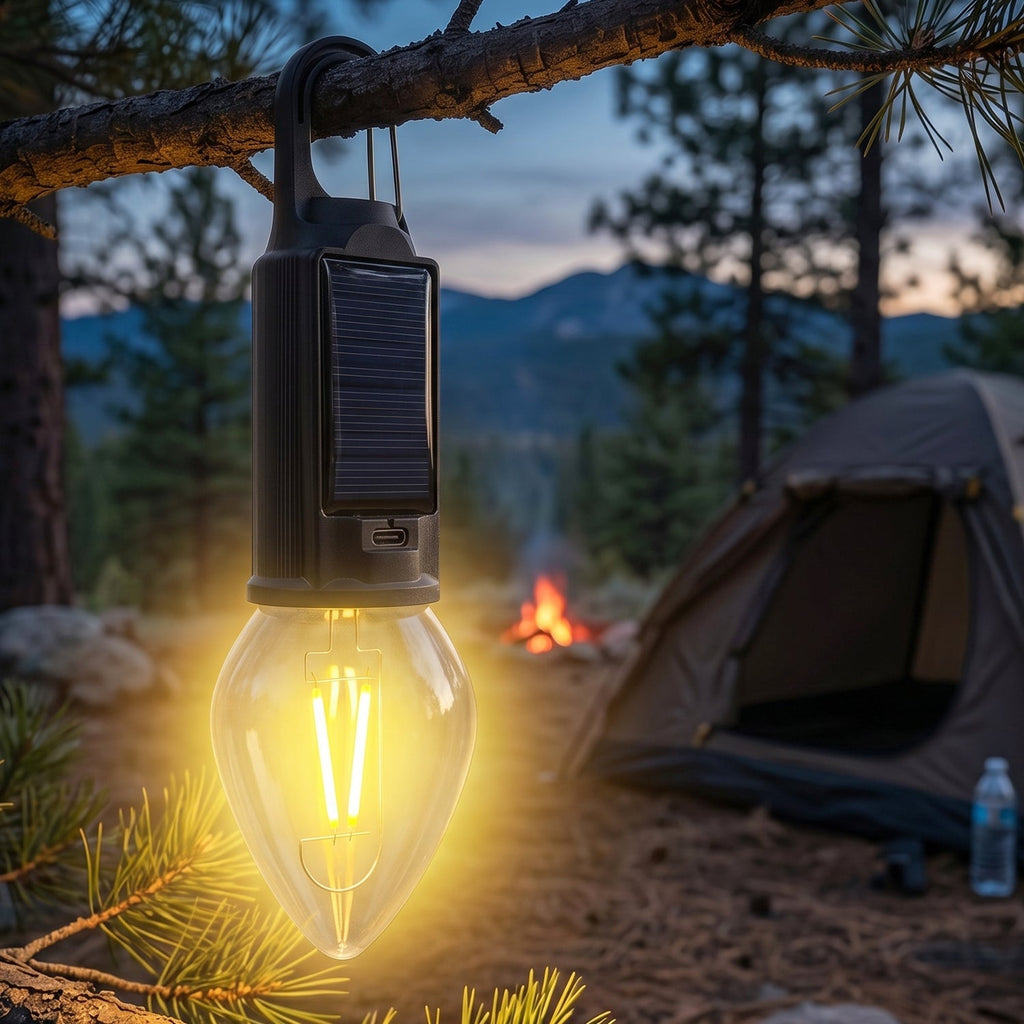 Solar Rechargeable Camping Lamp With Carabiner Clip Warm Led Bulb Light (1 Pc)