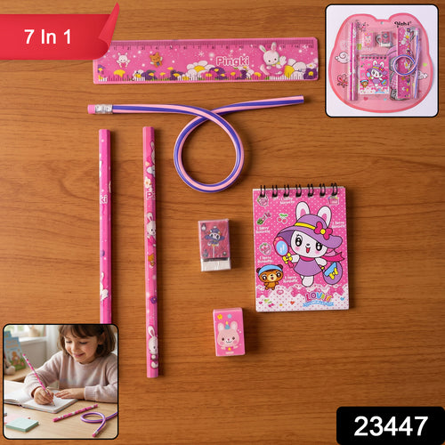 7-in-1 Cute Pink Stationery Set With Ruler Pencil Eraser Notebook Sharpener