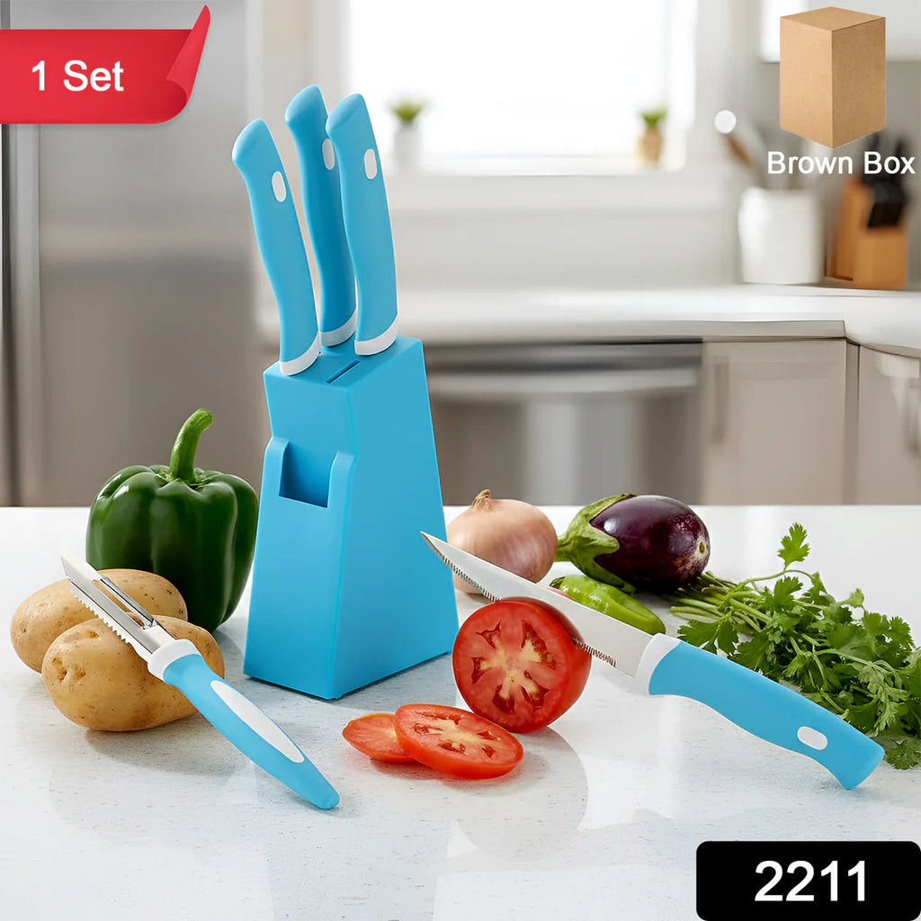 Stainless Steel Knife  Peeler Set With Stand - 6 Pcs - 2211