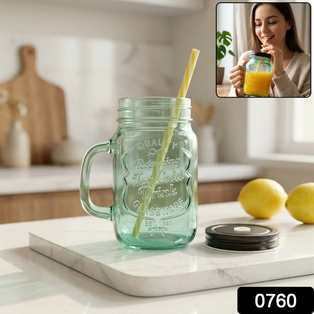Drinking Cupglassmug Mason Jar With Handle  Straw - 760