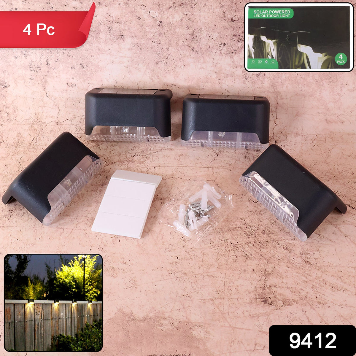 Four black solar lights, a white adhesive strip, and a bag of screws are displayed on a textured surface.