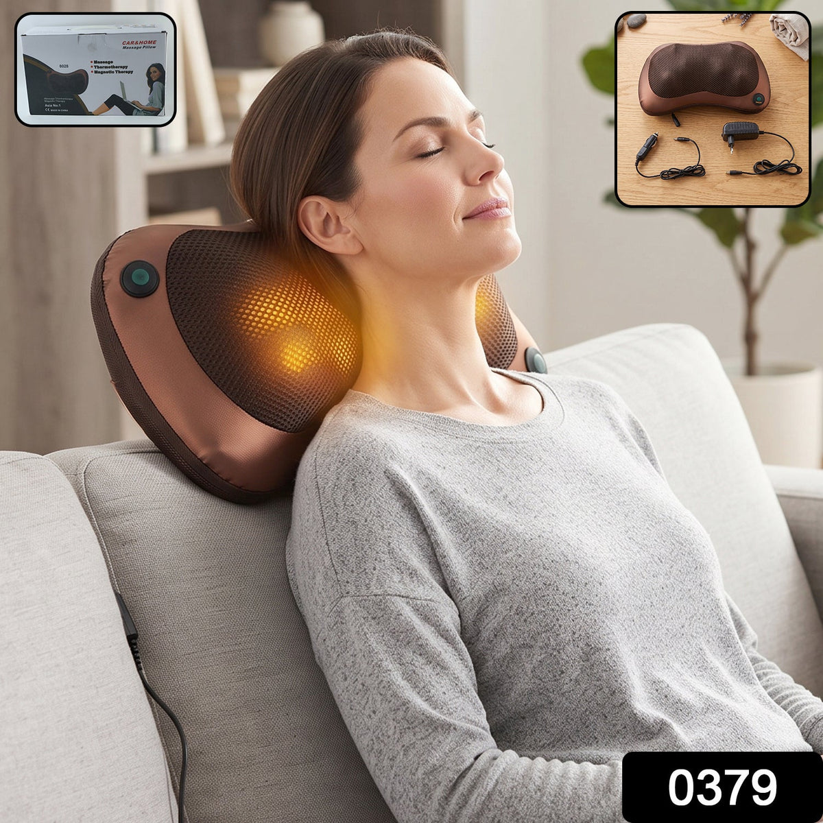A woman with closed eyes relaxes on a couch, using a brown massage pillow with glowing orange lights on her neck. – view 2